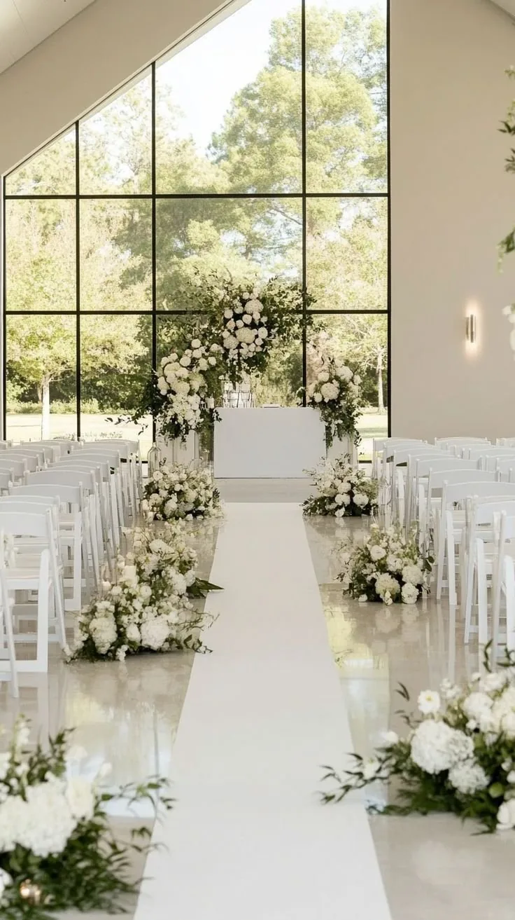 Ceremony aisle lined with white florals and greenery, leading to a floral arch
