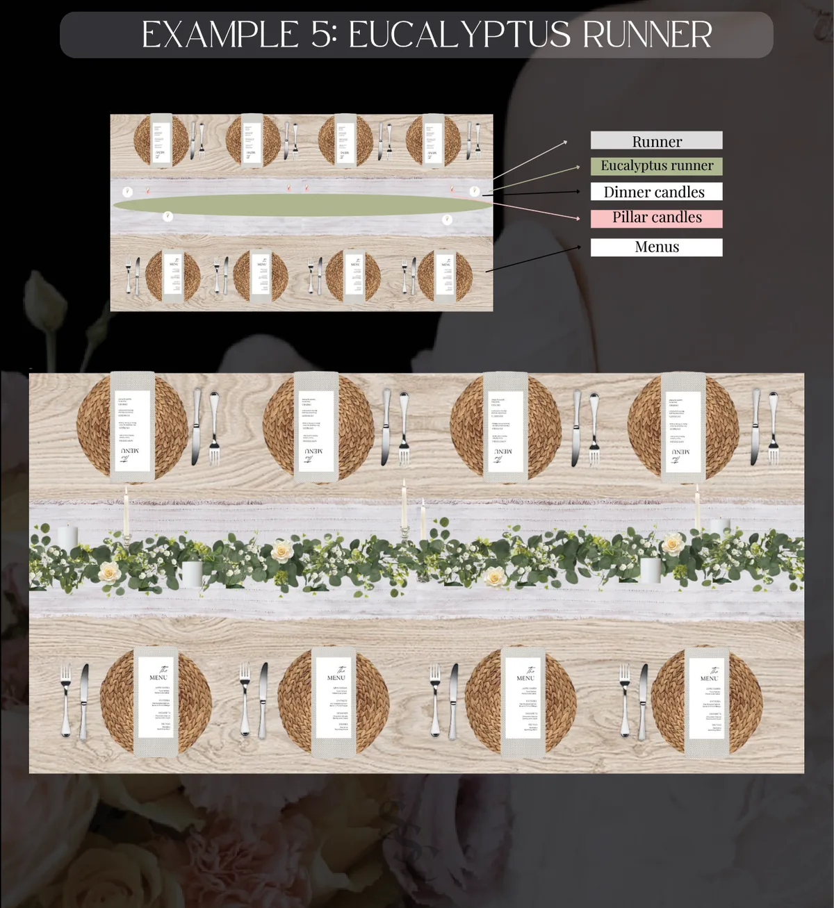 Eucalyptus Runner guest table layout, shown from above and in place setting