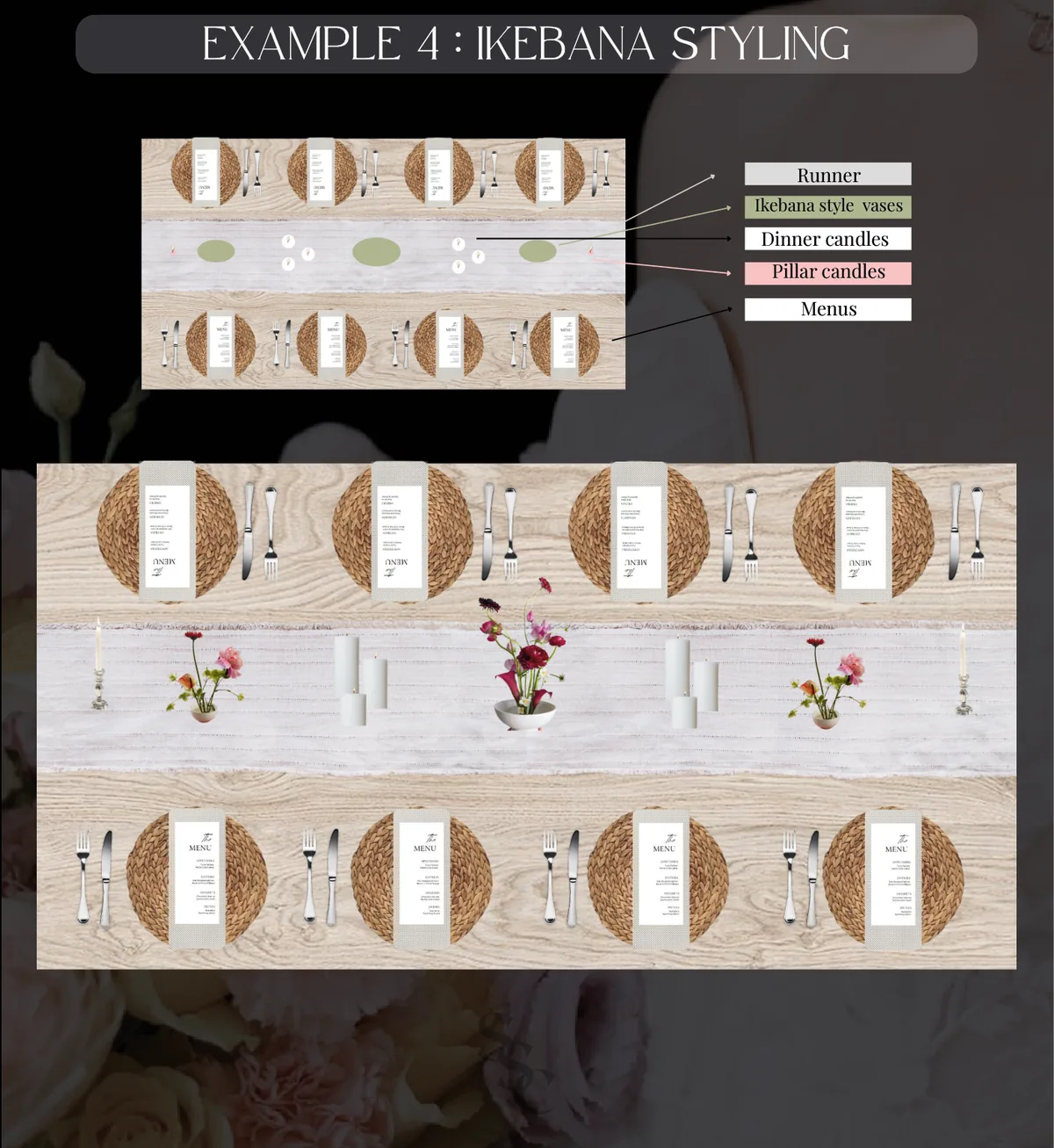 Ikebana Styling guest table layout, shown from above and in place setting