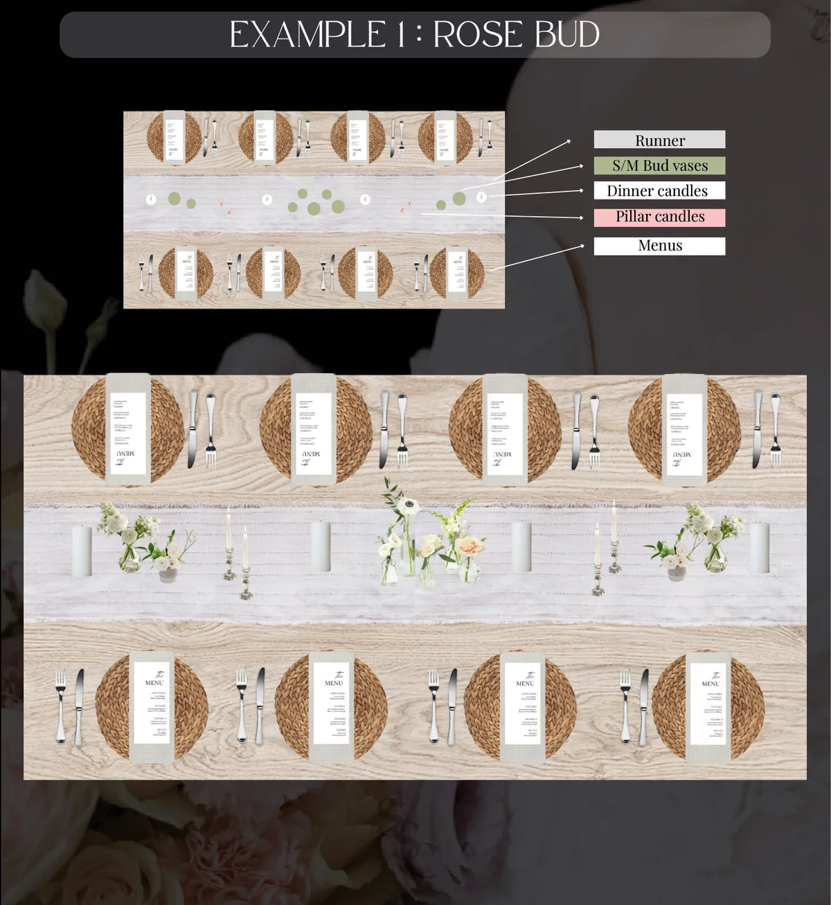 Rose Bud guest table layout, shown from above and in place setting