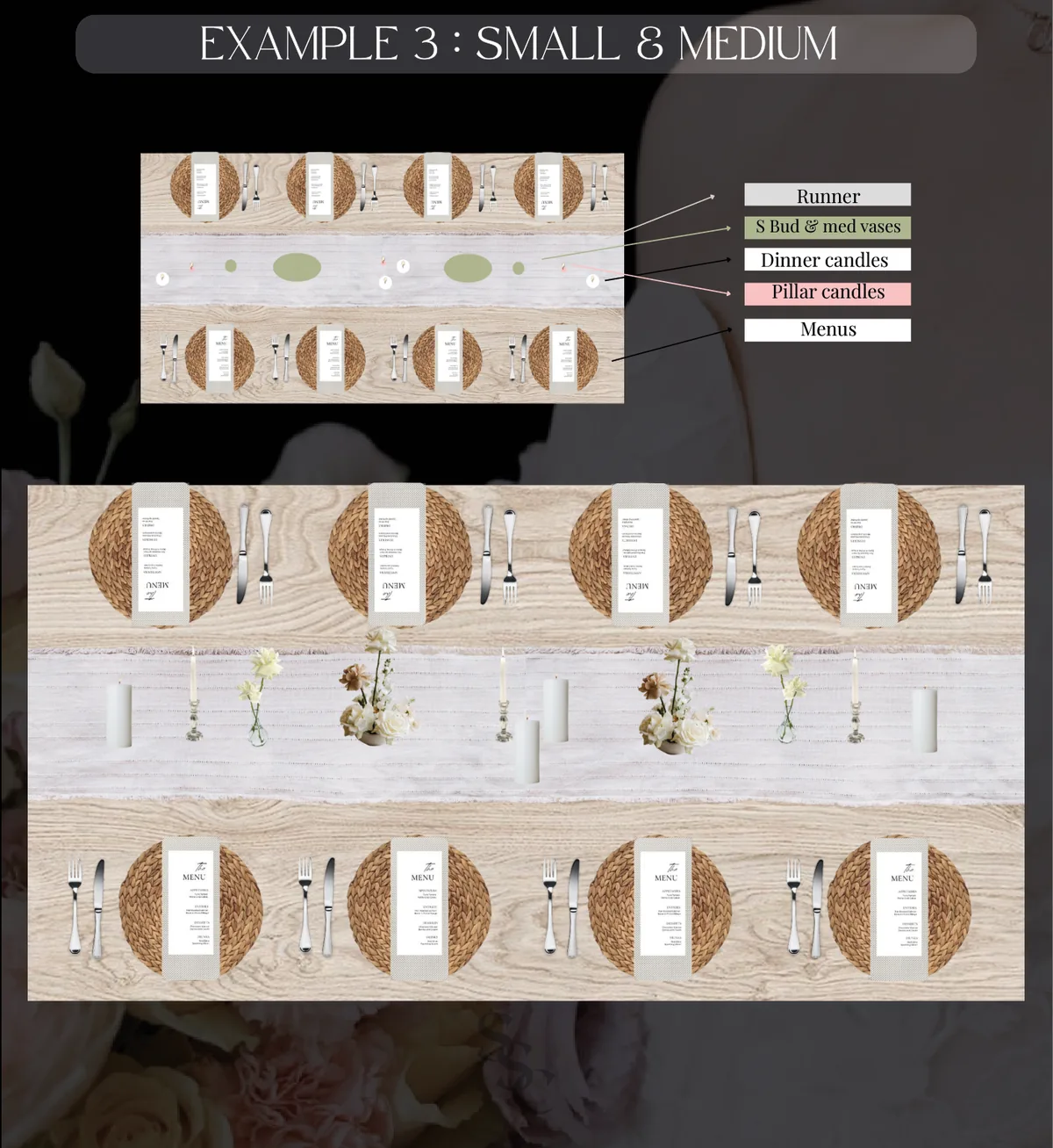 Small and Medium guest table layout, shown from above and in place setting