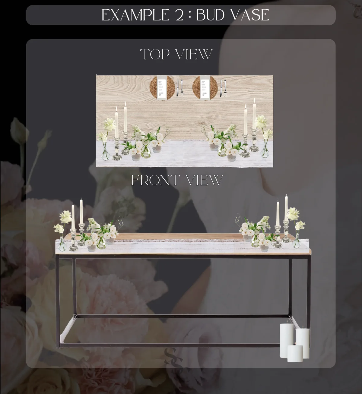 Bud Vase main table layout, shown from above and in place setting