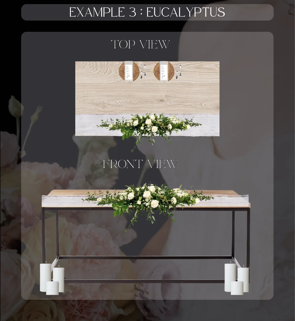 Eucalyptus main table layout, shown from above and in place setting