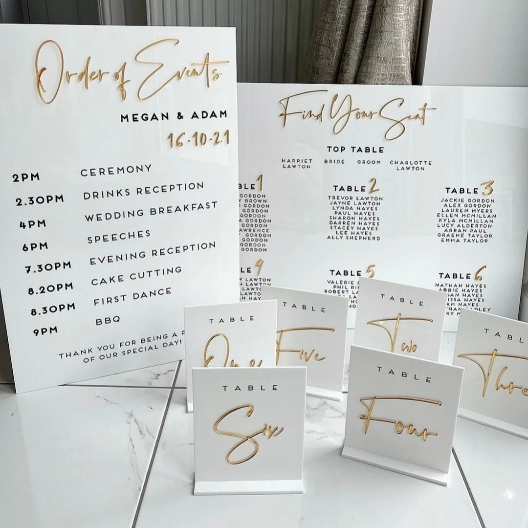 Black and white perspex wedding signs