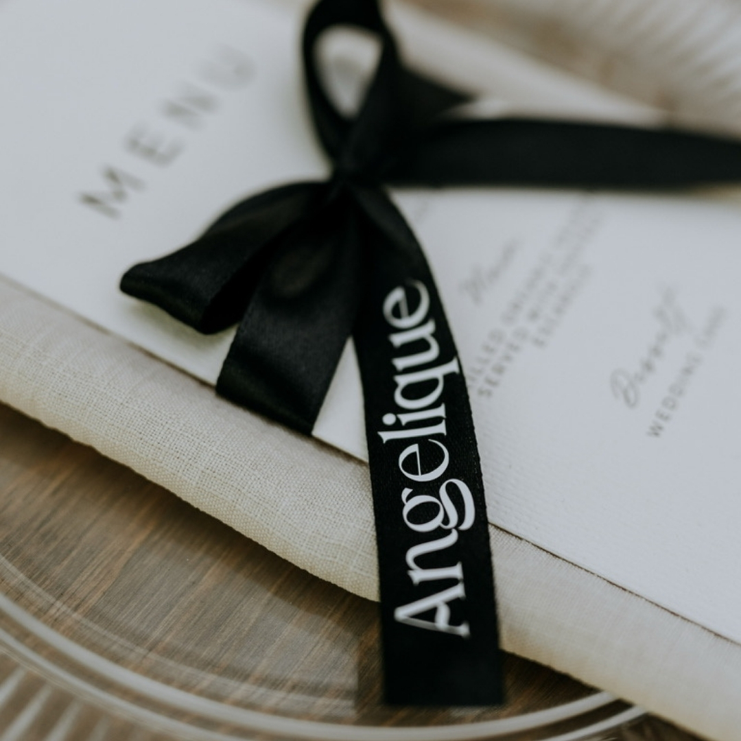 Name tag tied with ribbon