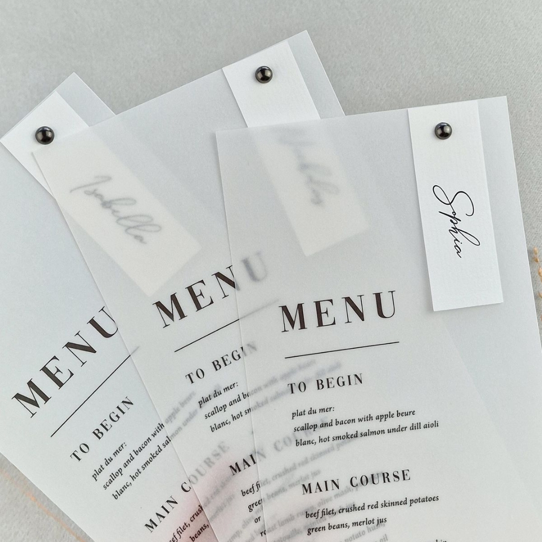 Vellum menu paired with a name tag