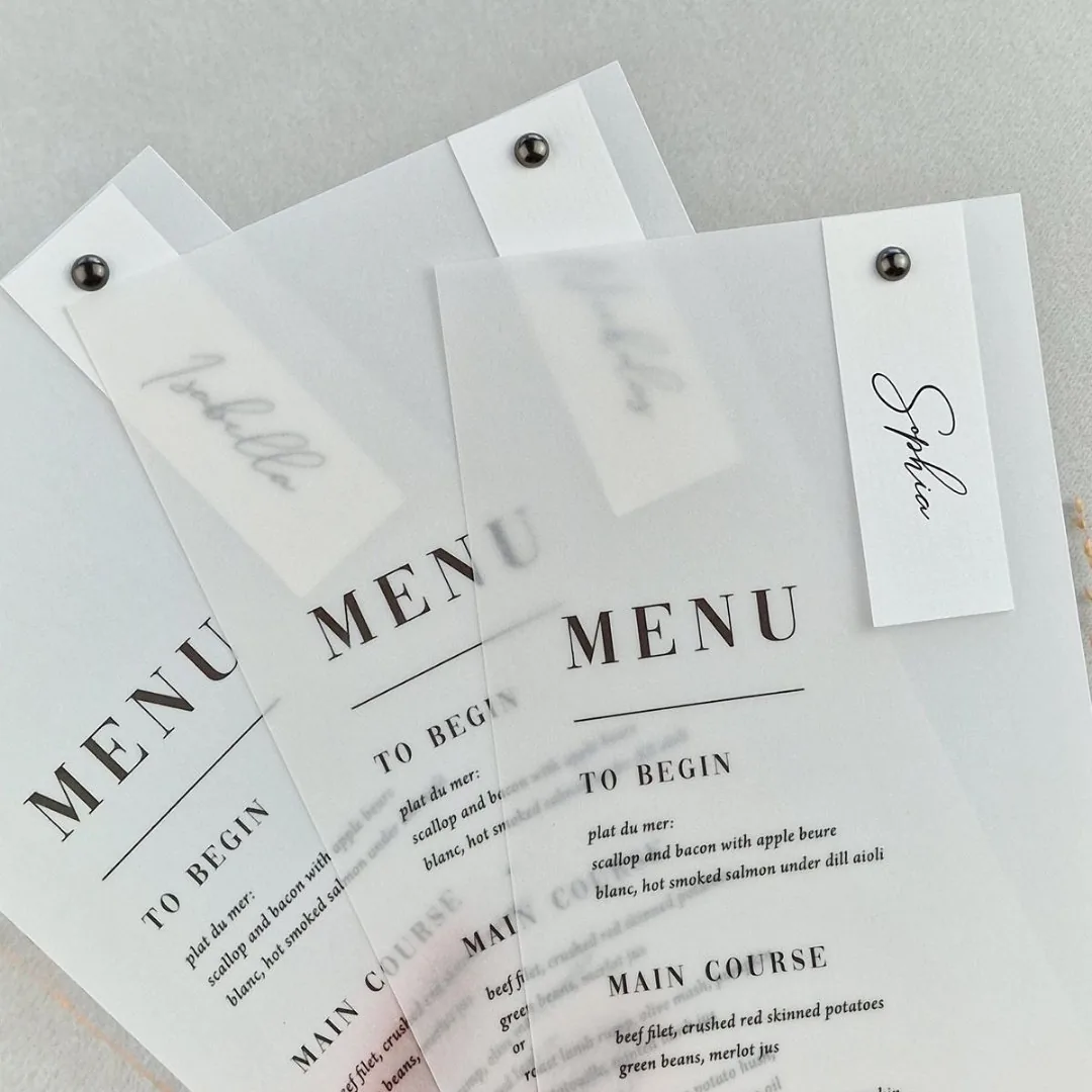 Vellum menu paired with a name tag