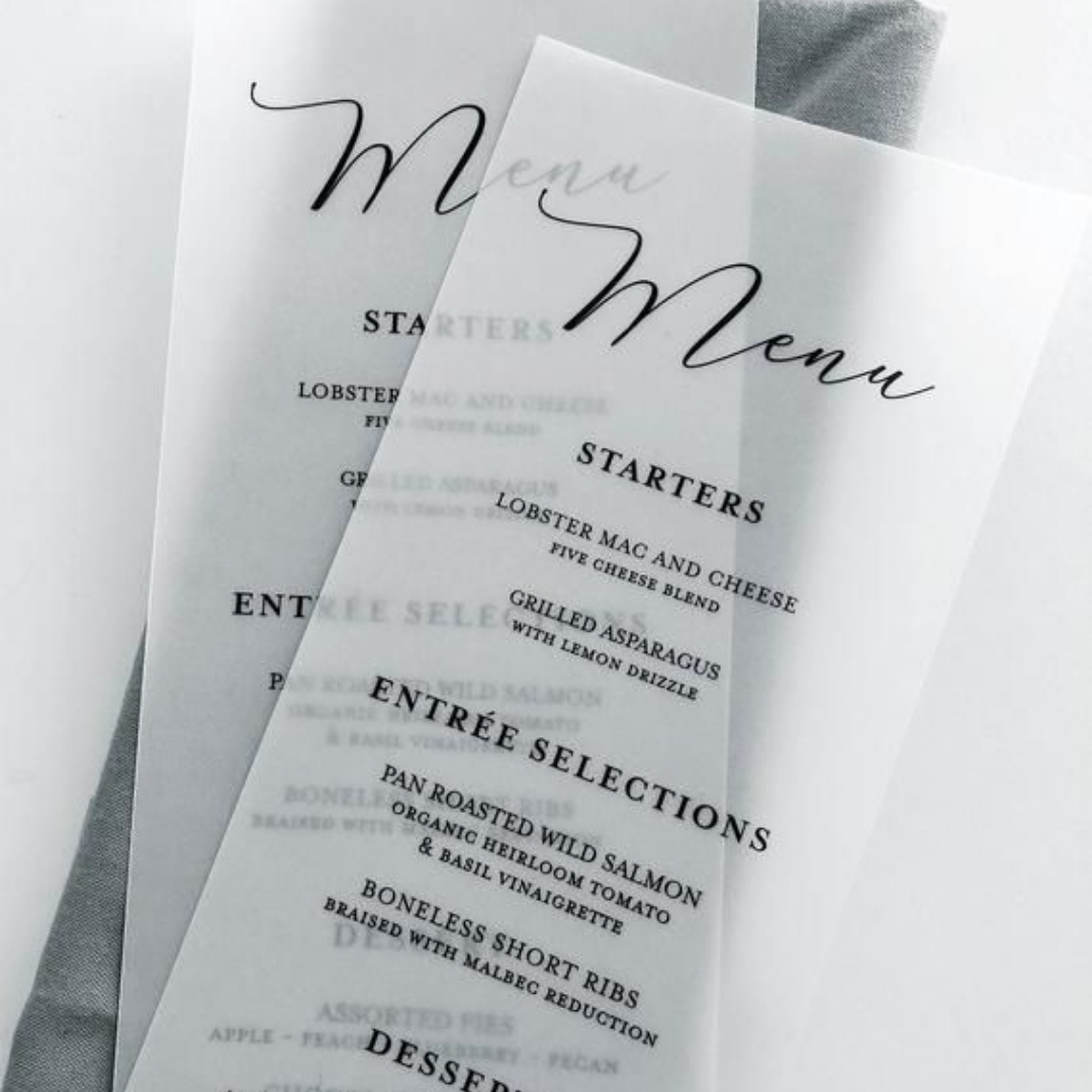 Wedding menu printed on vellum
