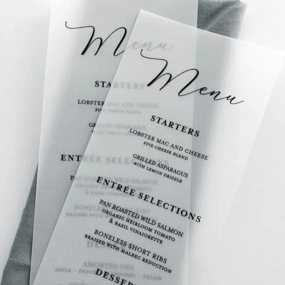 Wedding menu printed on vellum