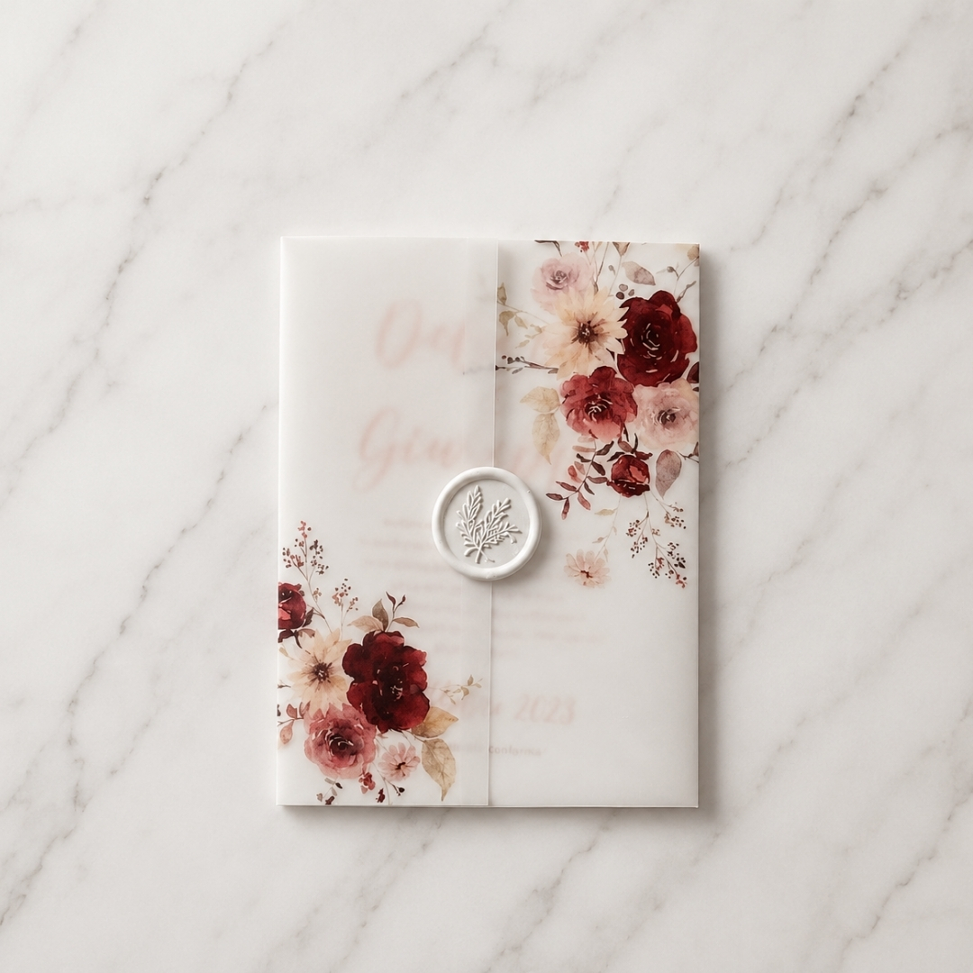 Wedding invitation in a vellum wrap with a wax seal