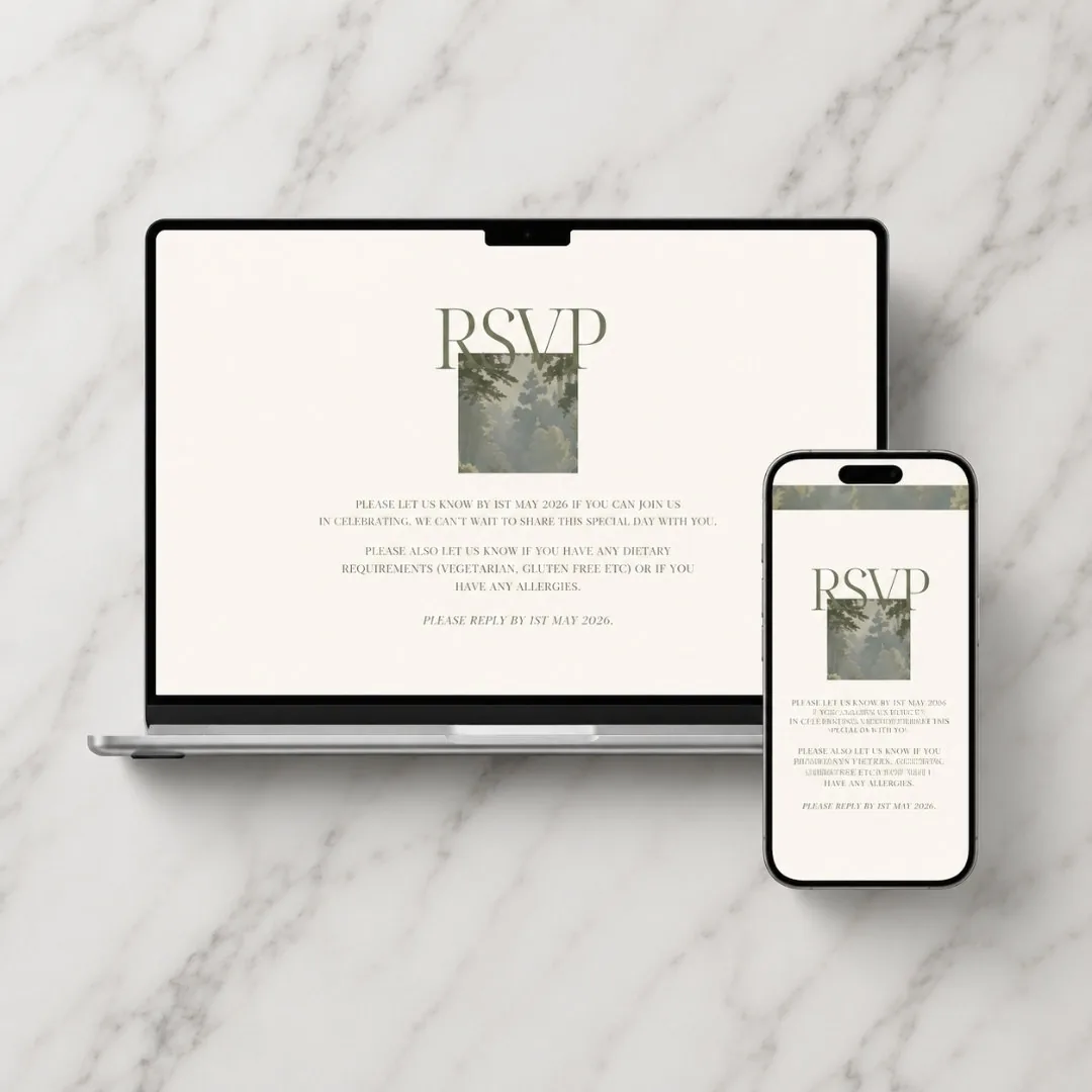 Wedding website RSVP page shown on a laptop and a phone